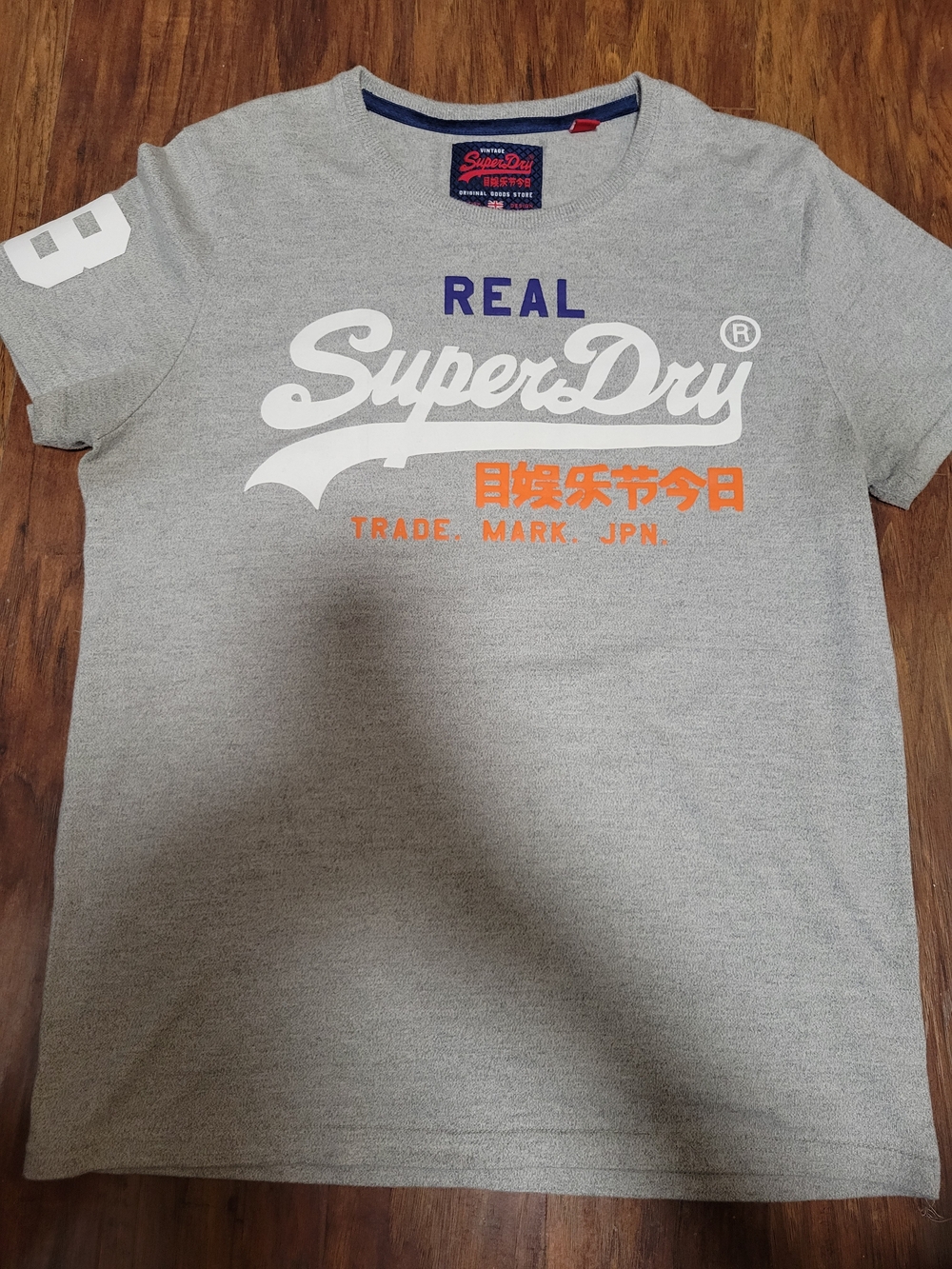Superdry Grey Tee with White Logo and Orange Text